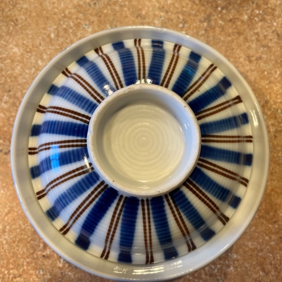 Japanese lidded Rice / Soup Bowl Set Striped Blue Brown - Picture 5 of 11